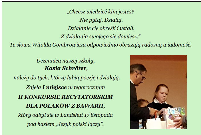 Kasia Schröter zajęła I miejsce w tegorocznym II KONKURSIE RECYTATORSKIM DLA POLAKÓW Z BAWARII